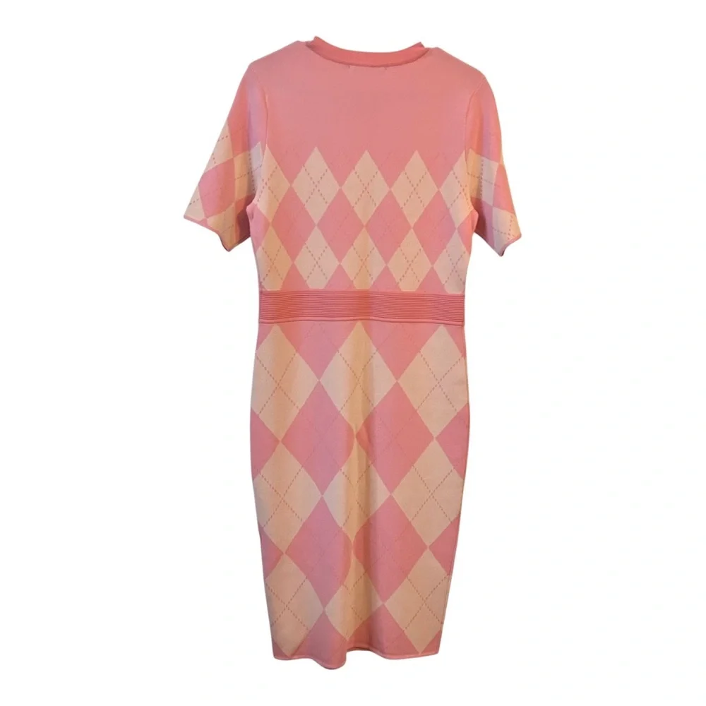 NWT NY & Co Argyle Short Sleeve Knit Sweater Dress Women’s SZ Medium in Pink - Picture 4 of 7